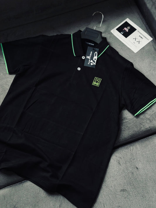 CAMISETA POLO PSY NEGRA  CUELLO DETALLE VERDE