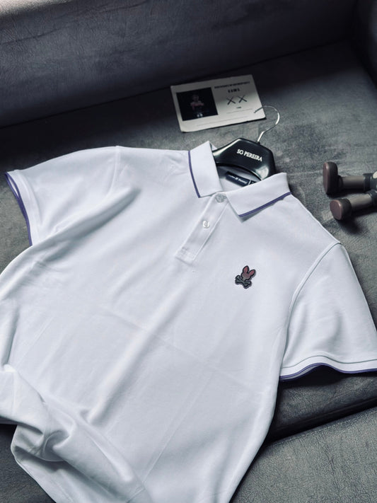 CAMISETA POLO PSY BLANCA LINEA MORADA