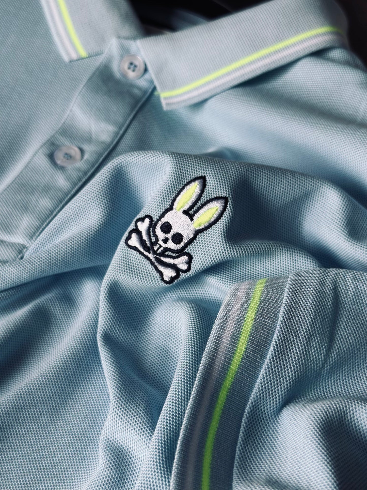 CAMISETA POLO PSY AZUL TEJIDO BLANCO VERDE