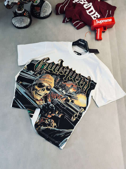 CAMISETA OVERSIZE GOS BLANCA CALAVERA PISTOLA