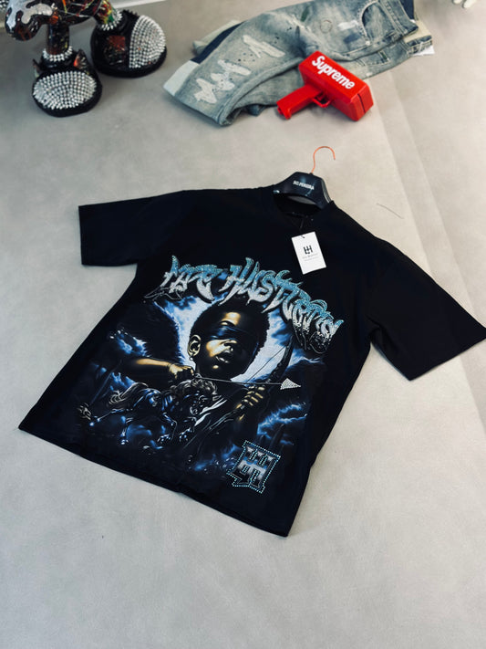 CAMISETA OVERSIZE LIF NEGRA RHINESTONE CUPIDO CABALLO