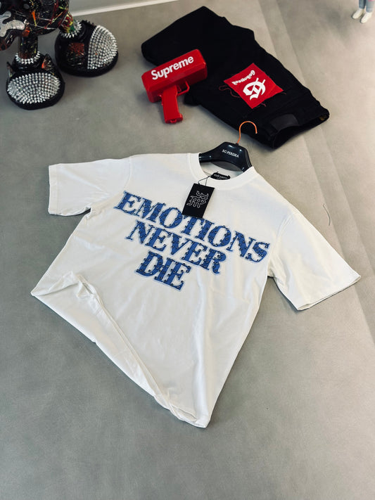CAMISETA OVERSIZE EMO BLANCA RHINESTONE NEVER LOGO AZUL