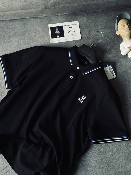CAMISETA POLO PSY NEGRA TEJIDO BLANCO AZUL