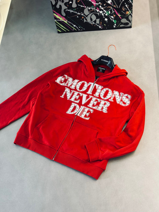 CHAQUETA EMO ROJA RHINESTONE NEVER LOGO BLANCO