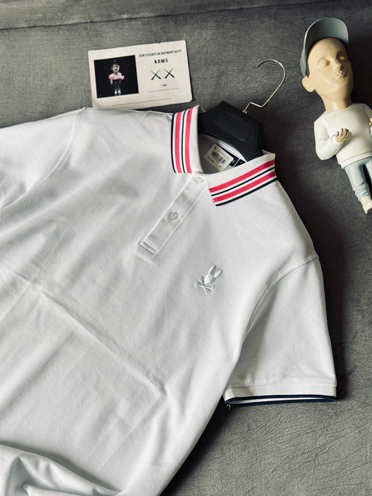 CAMISETA POLO PSY BLANCA CUELLO ROSADO