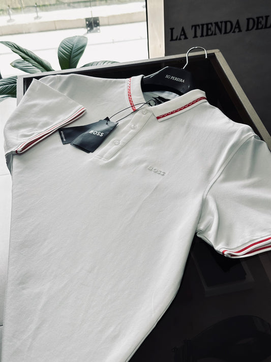 CAMISETA POLO BOS BLANCA CUELLO LINEA ROJA