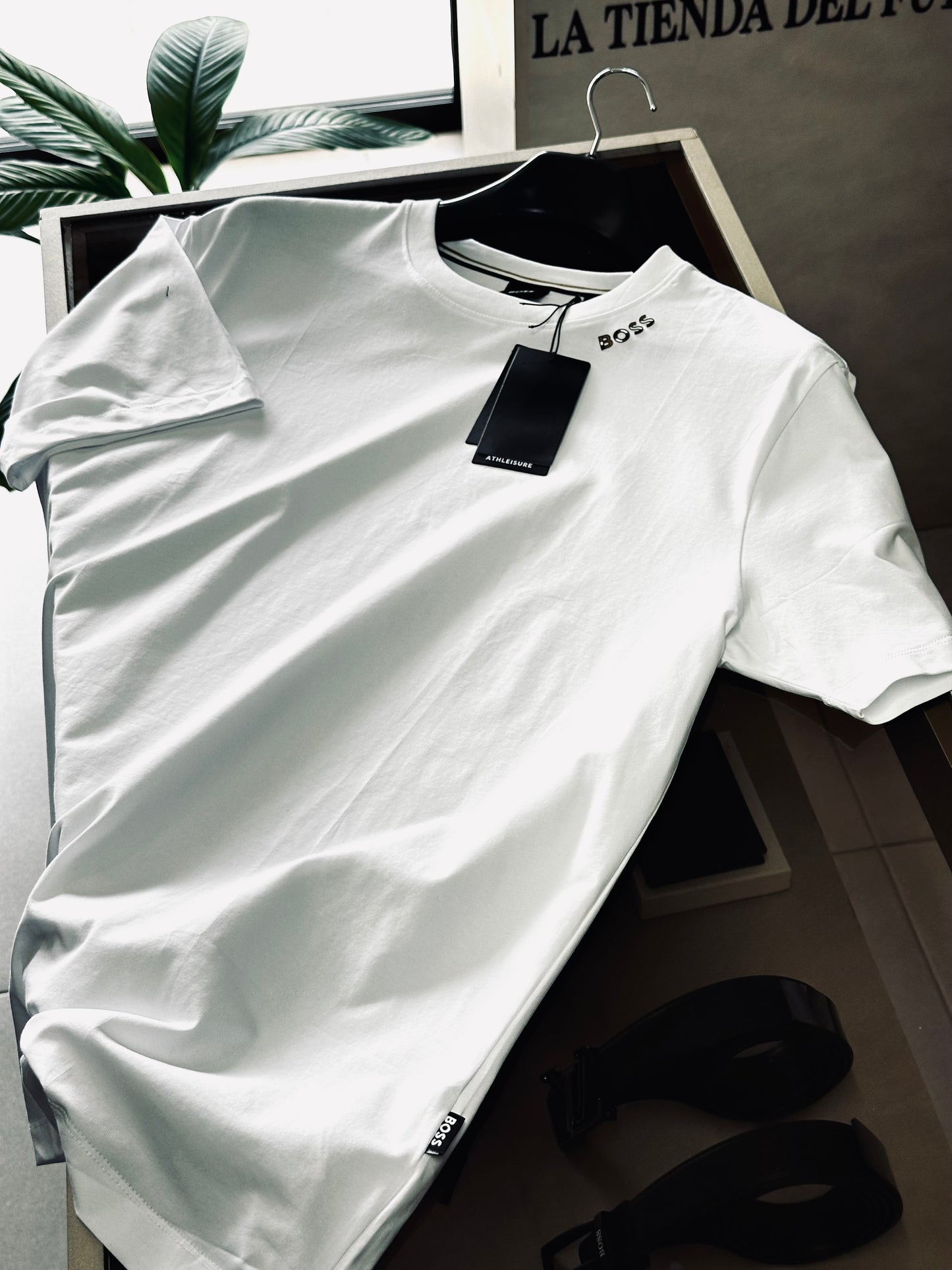 CAMISETA SLIM BOS BLANCA CUELLO BOS CAFÉ