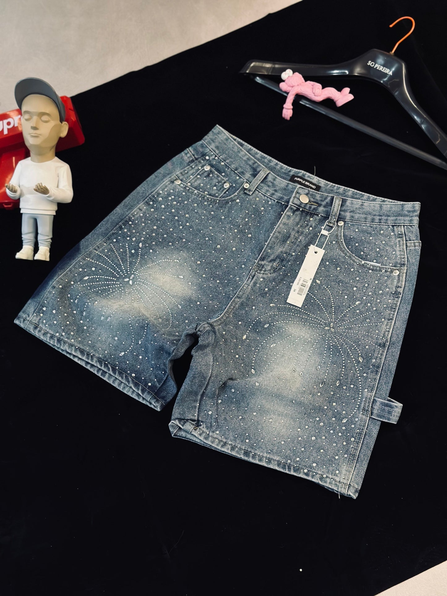 SHORT PUR AZUL RHINESTONE PARCHE