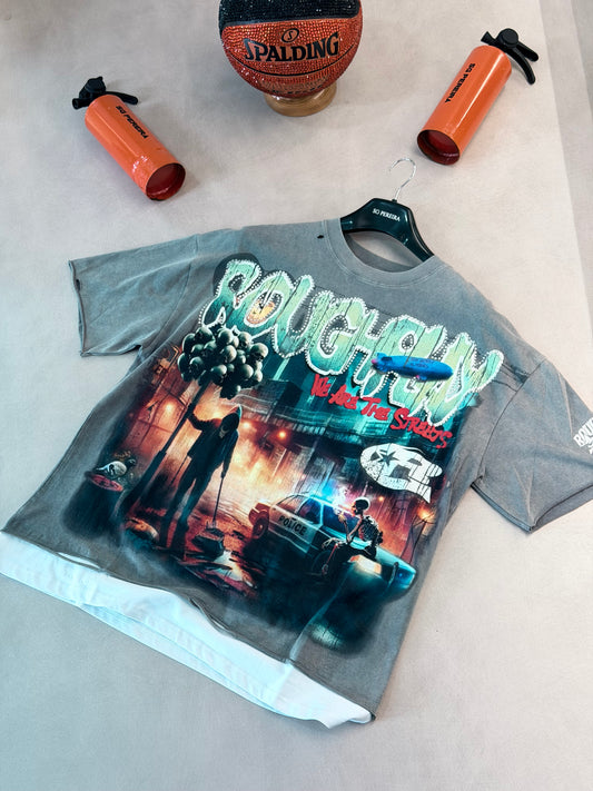 CAMISETA OVERBOXY ROU GRIS RHINESTONE GLOBO CALABERA