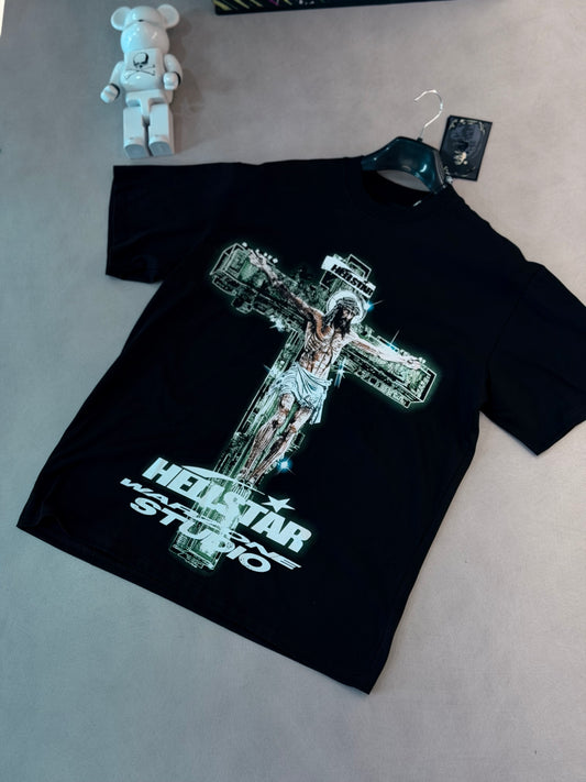 CAMISETA OVERSIZE HEL NEGRA JESUS CRUZ VERDE