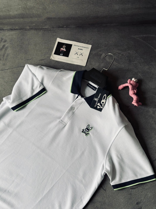 CAMISETA POLO PSY BLANCA CUELLO AZUL